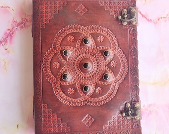 200 Pages Brown Leather Journal with Lock, 10 Inch Mandala Journal with Stone