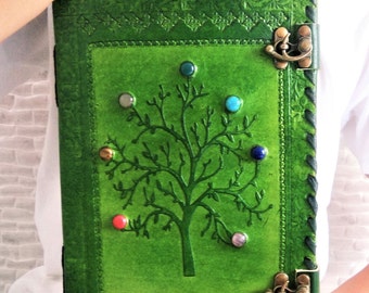 Large 7 Stone Tree Leather Journal with Lock, Grimoire Journal Notebook