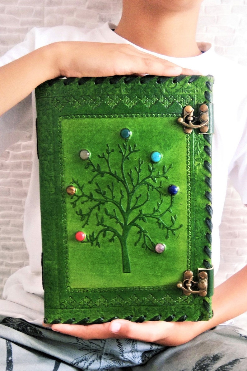 Large 7 Stone Tree Leather Journal With Lock Grimoire Journal Etsy