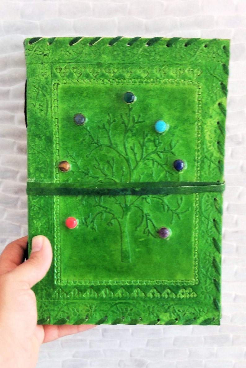 Leather Journal Tree of Life With 7 Stones, Green Journal With Lock ...