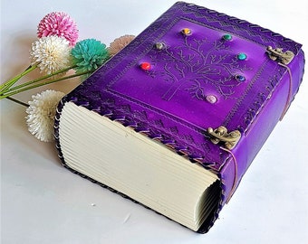 600 Pages Large Seven Stone Journal with Lock, Tree Embossed Leather Grimoire Journal Notebook