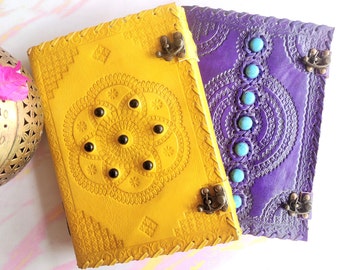 10 Inch Chakra Leather Journal with Crystals, 7 Stone Leather Journal with Lock