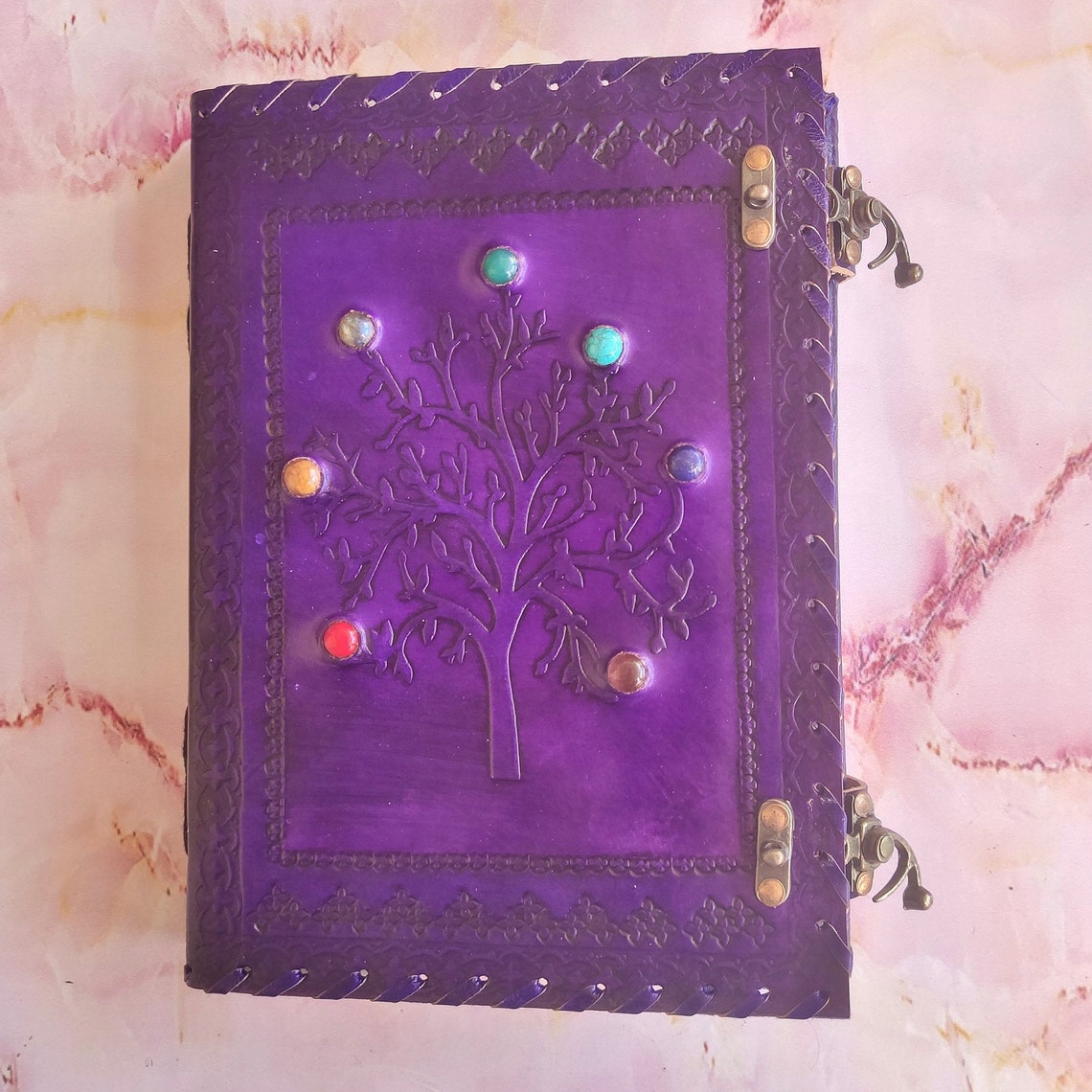 Large Seven Stone Journal with Lock Tree Embossed Leather Etsy