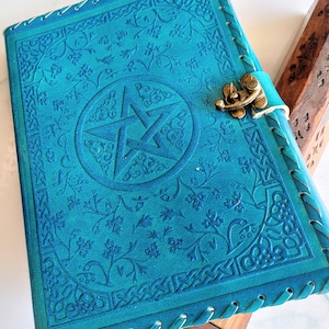 10x7 Blue Leather Journal Lock, Engraved Grimoire with Lock, Book Of Shadows