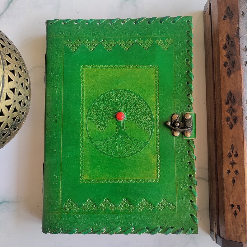 Large Tree Embossed Leather Journal With Stone Spell Book Etsy
