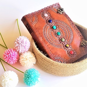 10x7 Leather Journal with Lock, 7 Stone Chakra Journal Grimoire Binder with Clasp