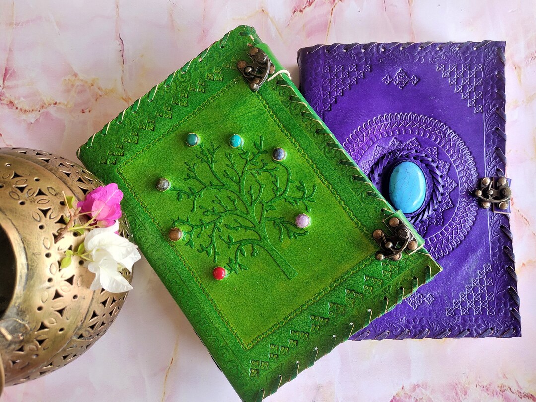 Pack of 2 Large Embossed Leather Journals, Leather Journal With Lock, Stone Leather Journal