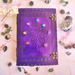 Large Seven Stone Journal with Lock, Tree Embossed Leather Grimoire Journal Notebook