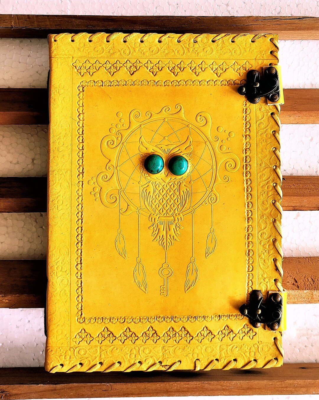 Handmade Leather Journal With Lock, 10 Inch Emboss Journal With Crystal