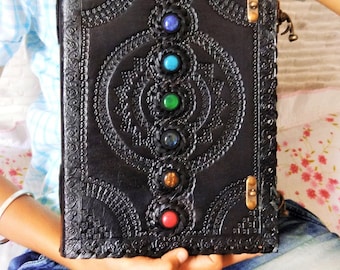 Seven Stone Chakra Leather Journal with Lock, Embossed Leather Journal, Book Of Shadows, Spell Book