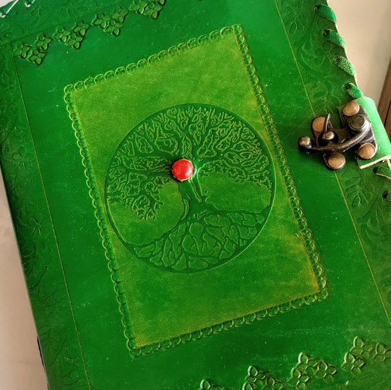 Large Tree Embossed Leather Journal With Stone Spell Book Etsy