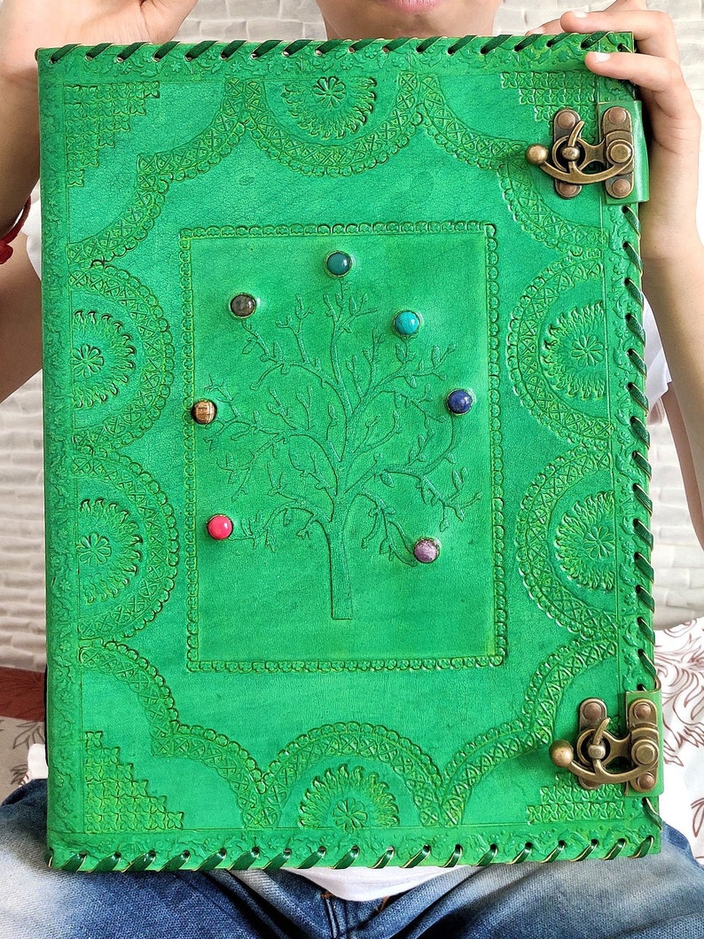 Large Seven Stone Tree Embossed Leather Journal With Lock Etsy