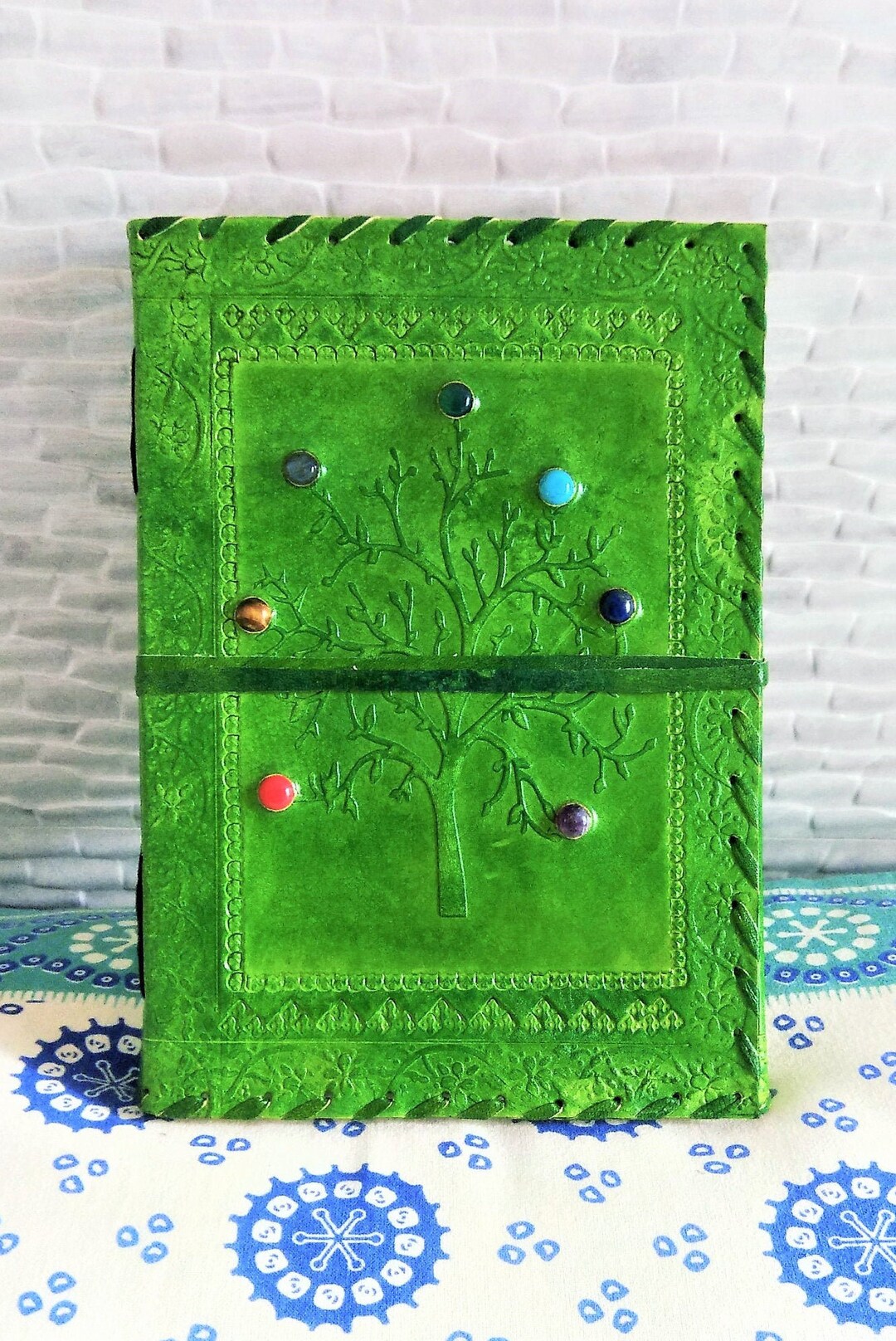 Leather Journal Tree of Life With 7 Stones, Green Journal With Lock ...