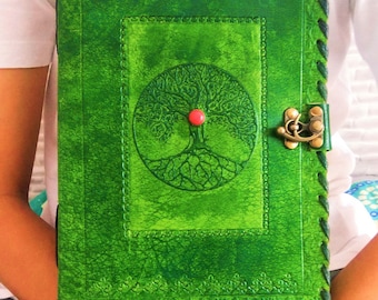 Large Tree Embossed Leather Journal with Stone, Spell Book, Grimoire with Lock, Large Sketchbook