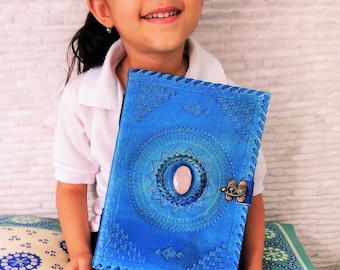 Large Handmade Embossed Blue Leather Journal Notebook with Lock, Leather Grimoire Journal