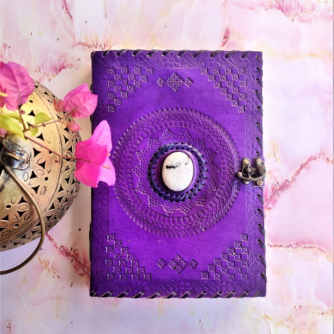 Handmade Leather Journal With Stone, Purple Journal Grimoire With