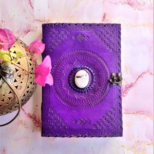 Handmade Leather Journal with Stone, Purple Journal Grimoire with Moonstone