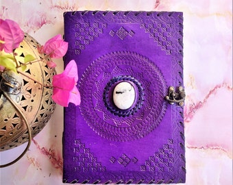 Handmade Leather Journal with Stone, Purple Journal Grimoire with Moonstone