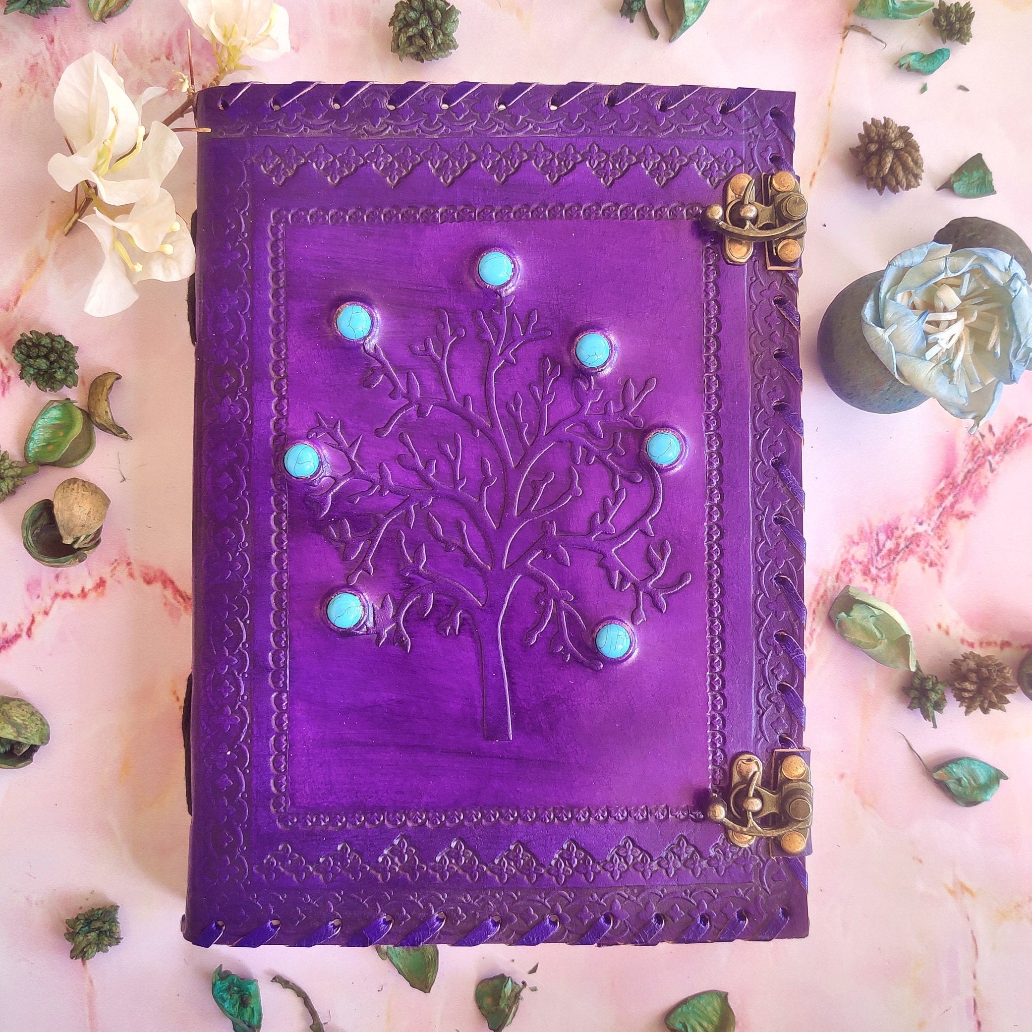 Large Seven Stone Journal With Lock Tree Embossed Leather Etsy