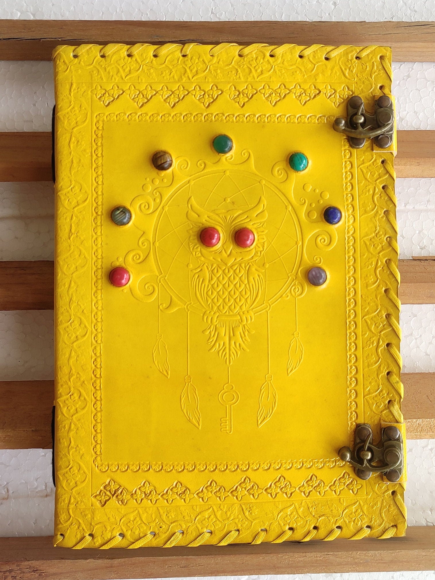 Dreamcatcher Owl Embossed Leather Journal with Lock, Gratitude Leather Journal Notebook