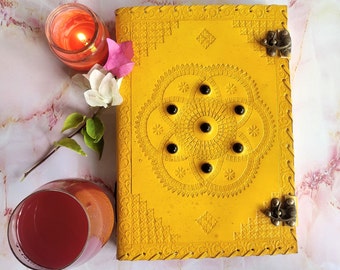 10x7 Yellow Leather Journal with Stone, Grimoire Lock Journal