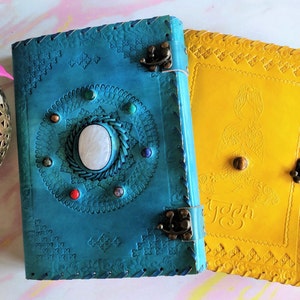 Pack Of 2 Handmade Leather Journals with Lock, Seven Stone Journal Grimoire, Yoga Girl Journal Notebook