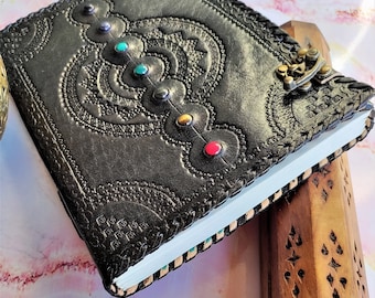 10x7 Black Leather Journal with 7 Stones, Lock Grimoire with Thick Pages