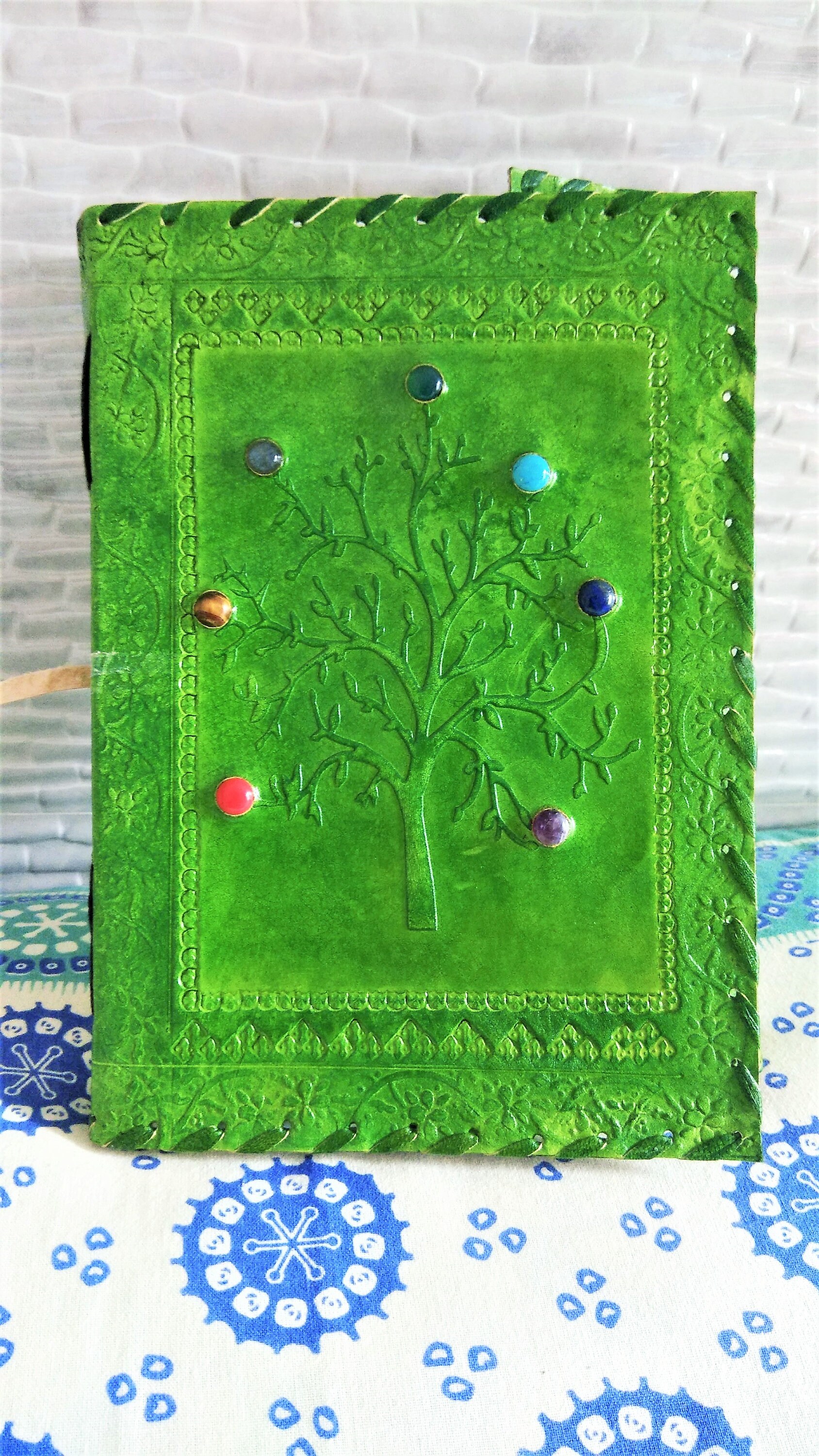 Leather Journal Tree of Life With 7 Stones, Green Journal With Lock ...