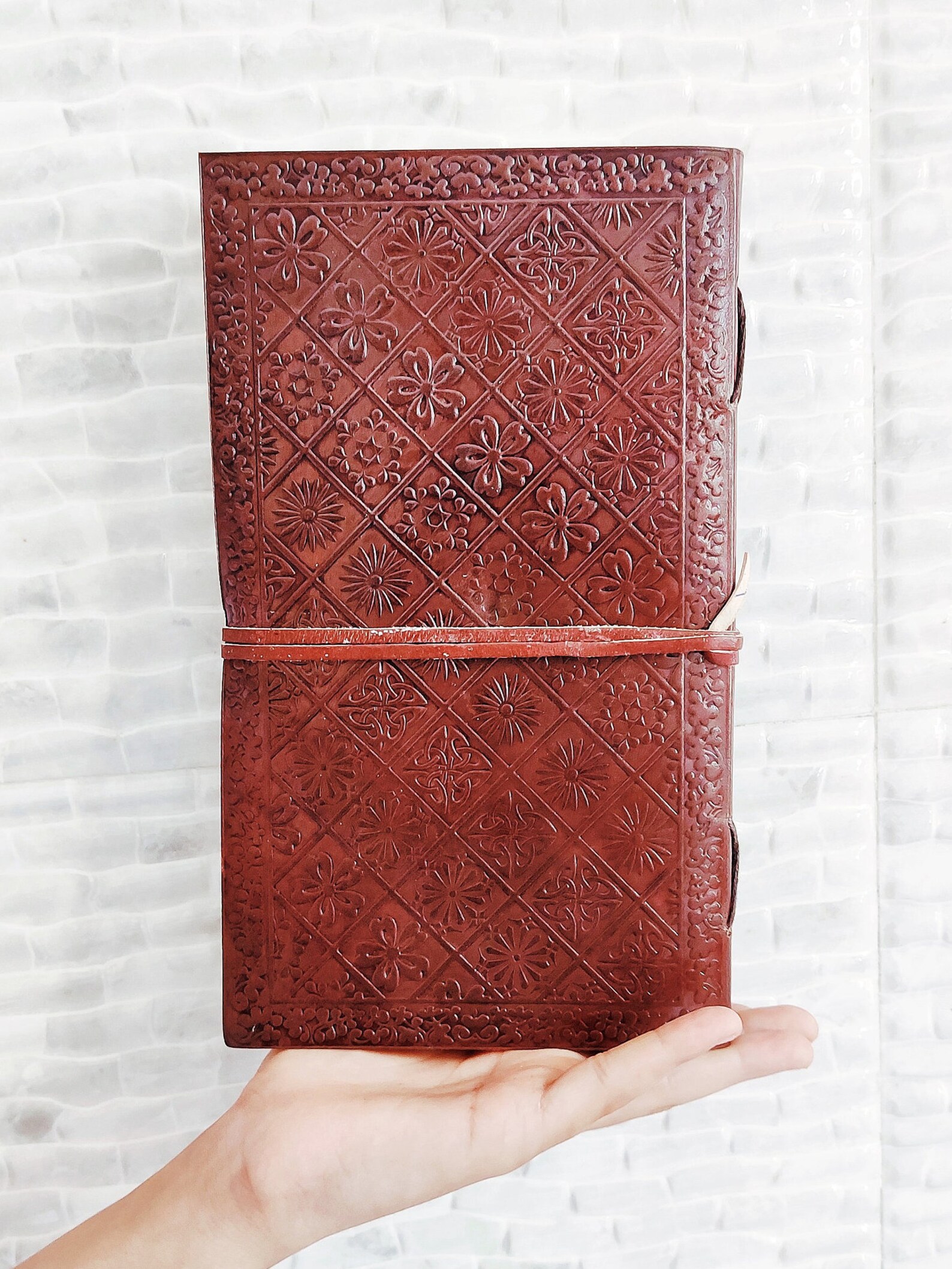 Embossed Tree Leather Journal With Stone Grimoire Journal Etsy