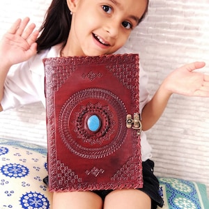 Large Leather Journal with Lock, Chakra Embossed Journal, Spell Book, Grimoire Book with Stone