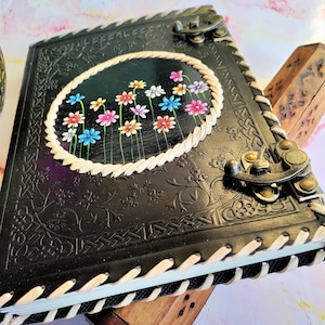 Personalized Leather Journal Spine, Gifts for her, Blank Floral Painting Leather Journal Diary with Lock