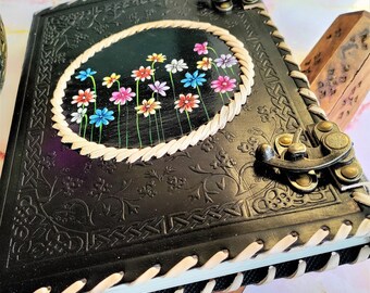 Personalized Leather Journal Spine, Gifts for her, Blank Floral Painting Leather Journal Diary with Lock