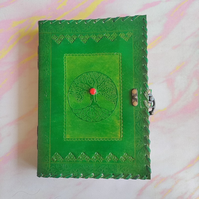 Large Tree Embossed Leather Journal With Stone Spell Book Etsy