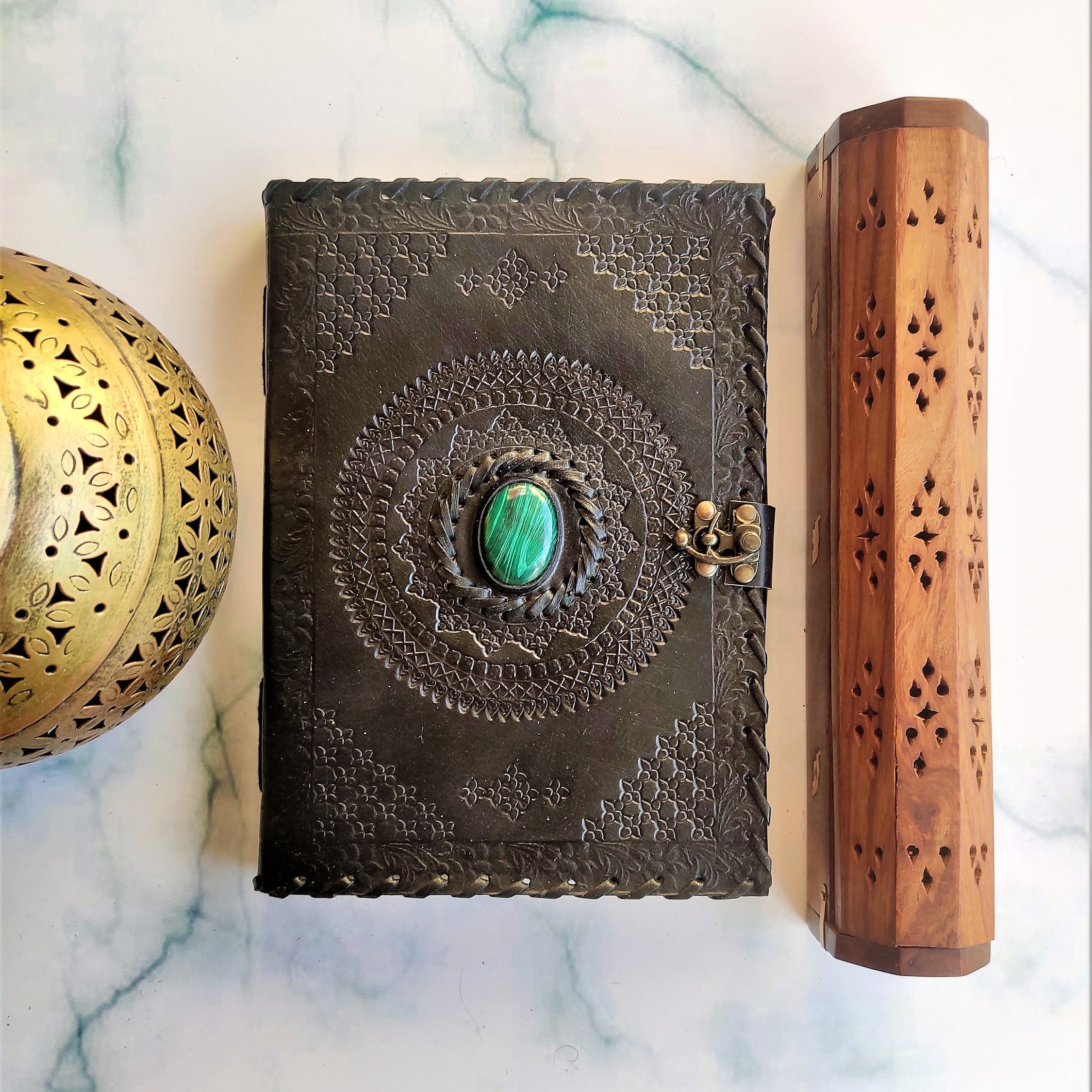 Large Leather Journal with Lock, Embossed Handmade Leather Grimoire Diaries, Spell Book