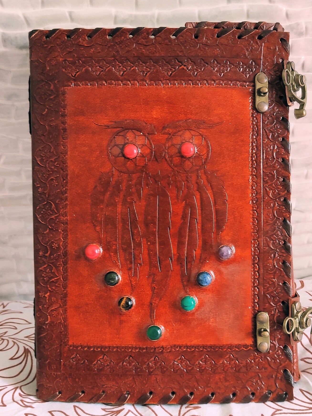 Good Luck Owl Embossed Leather Journal with Lock, Gratitude Journal Gift, Drawing Sketchbook Journal