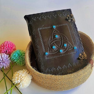 Large Seven Stone Triquetra Celtic Leather Journal, Handmade Leather Dairy with Stones, Wicca Pagan Craft