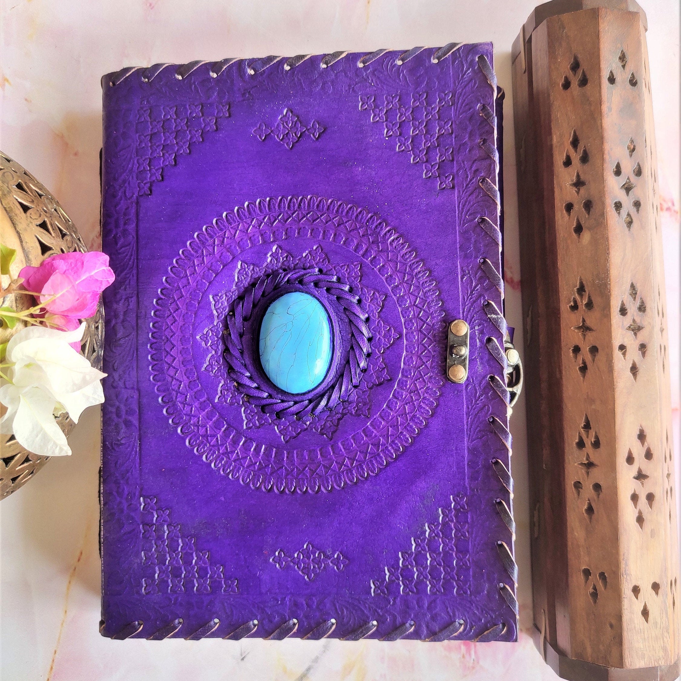 10x7 Leather Journal Lock Purple Journal with Crystal Yellow - Etsy España
