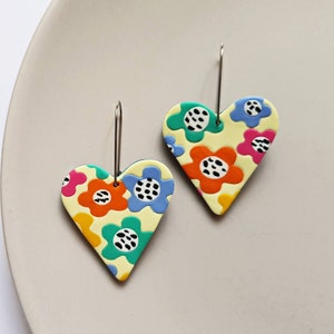 Colorful floral heart earrings, polymer clay hoops, statement jewelry, indie aesthetic rave accessories, artsy fashion, unique gifts for her image 1