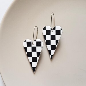 Checker heart shaped earrings, handmade statement jewelry, indie aesthetic festival accessories, 60s fashion earrings, unique gifts for her