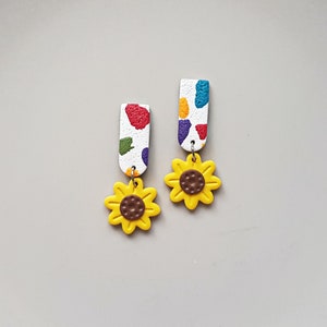 Handmade small sunflower clay earrings, floral statement jewelry, flower rave accessories, artsy fashion, street wear, unique gifts for her image 1