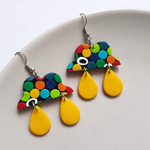 Colorful spotty rain cloud earrings, handmade statement jewelry, festival accessories, retro fashion, funky earrings, unique gifts for her