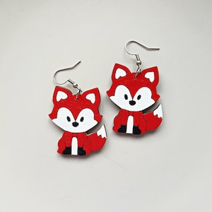 Hand painted fox wooden earrings, handmade cute statement jewelry, woodland animal earrings, festival accessories, unique gifts for her
