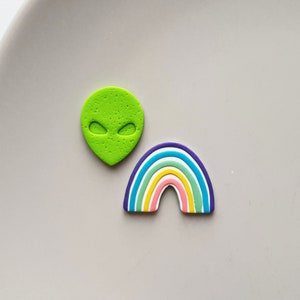 Alien and rainbow mismatched clay earring studs, bright colorful rave accessories, statement jewelry, 80s fashion, unique gifts for her image 1