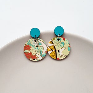 Handmade japanese themed earrings, wood and paper statement jewelry, rave accessories, artsy fashion, street wear, unique gifts for her image 1