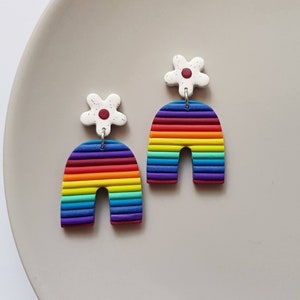 Rainbow striped arch dangle earrings, retro statement jewelry, indie aesthetic rave accessories, bright colorful artsy fashion, street wear image 1