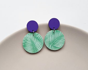 Handmade purple and green dangle earrings, wood and paper statement jewelry, festival accessories, artsy fashion, unique gifts for her