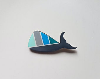 Handmade whale pin, hand painted geometric pattern whale wooden brooch, sea animal badge, cute illustration jewelry, rave accessories