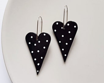 Polka dot black heart clay earrings, minimalist statement jewelry, modern rave accessories, artsy fashion, street wear, unique gifts for her