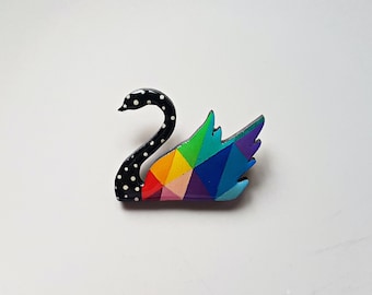 Handmade swan pin, hand painted swan wooden brooch, colorful bird badge, nature inspired illustration jewelry, street wear, rave accessories