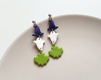 Handmade witch hat, ghost and maple leaf long dangle earrings, Halloween polymer clay jewelry, fall festival fashion, unique gifts for her